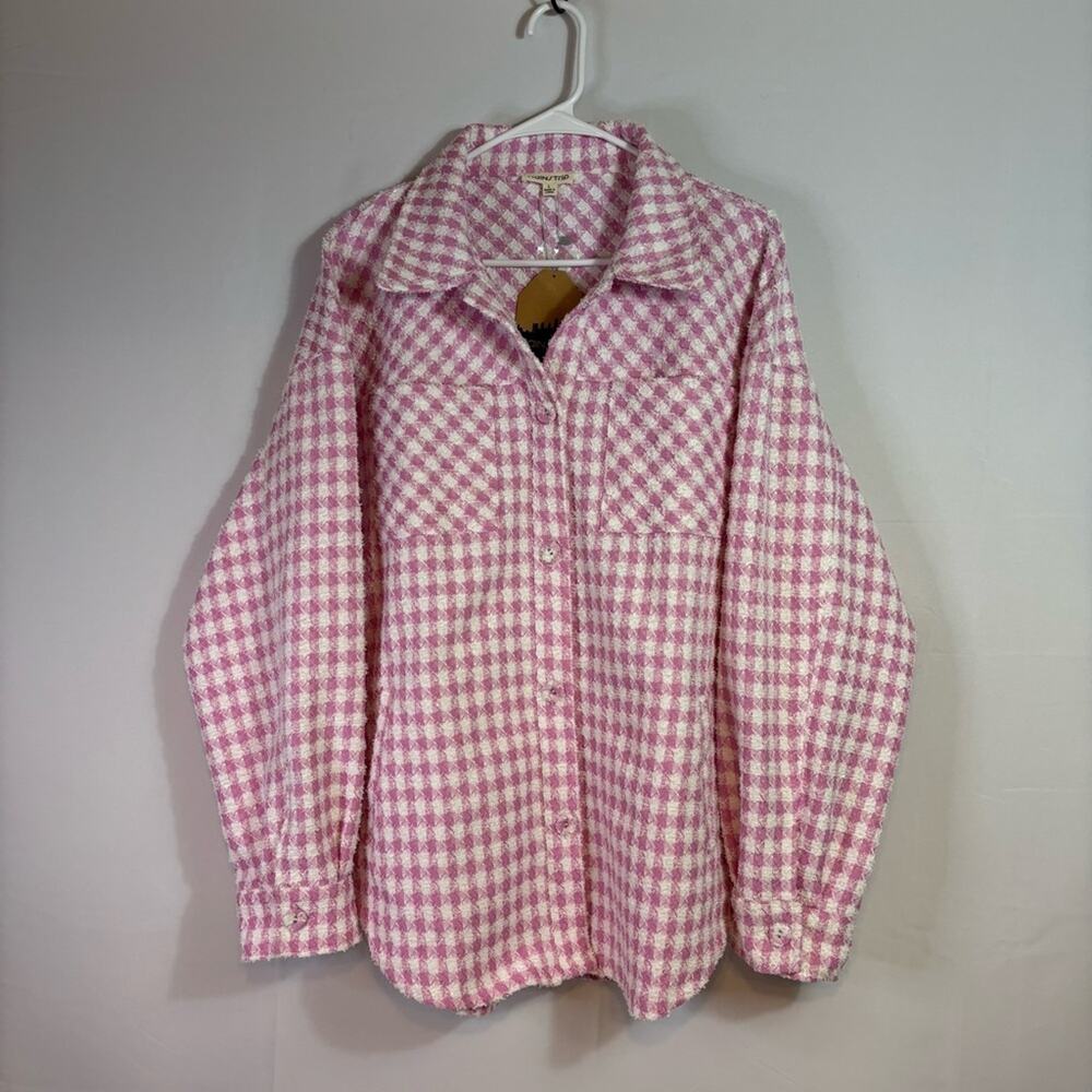 NWT Mainstrip Sparkly Pink and White Checkered Shirt Jacket Size Large Bin3